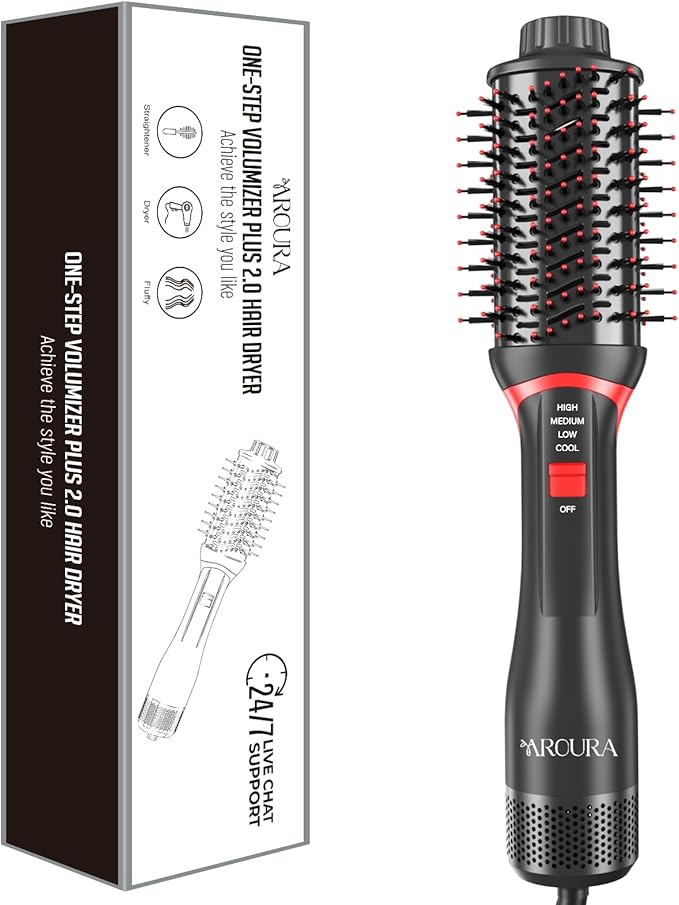 Aroura Premium One-Step Hair Dryer & Volumizer - Charcoal Activated - Frizz Control, Negative Ionic Technology, Ceramic Heating - 3 Heat Settings + Cool Setting, Includes 1-Year Warranty