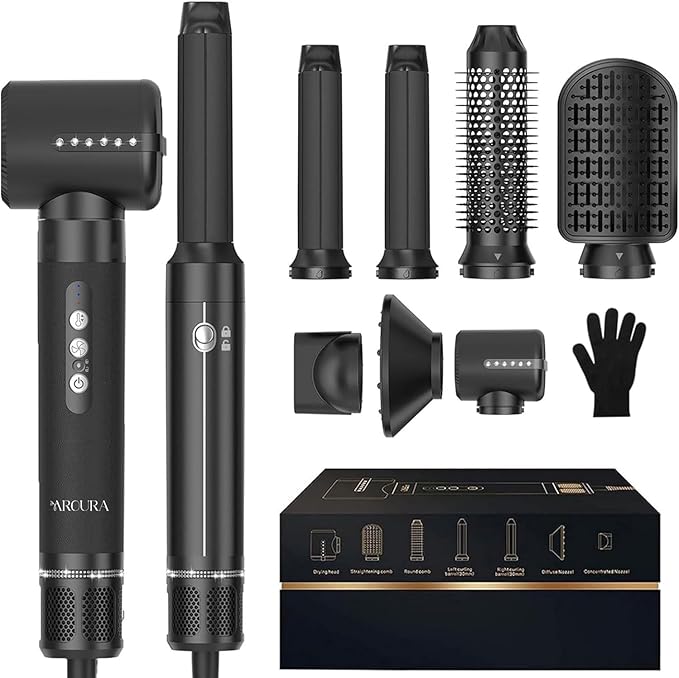 Aroura Premium 7-in-1 High-Speed Hair Dryer Brush: 1-Year Warranty, 110000 RPM Motor, Ionic Tech, 1400W Power, 3 Temps & 3 Speeds - Hot Air Brush, Curling Iron, Straightener Set