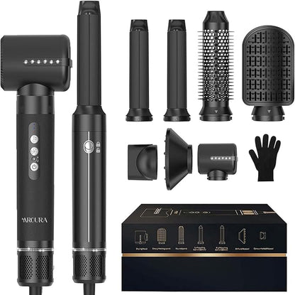 Aroura Premium 7-in-1 High-Speed Hair Dryer Brush: 1-Year Warranty, 110000 RPM Motor, Ionic Tech, 1400W Power, 3 Temps & 3 Speeds - Hot Air Brush, Curling Iron, Straightener Set
