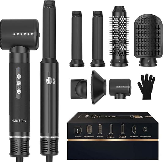 Aroura Premium 7-in-1 High-Speed Hair Dryer Brush: 1-Year Warranty, 110000 RPM Motor, Ionic Tech, 1400W Power, 3 Temps & 3 Speeds - Hot Air Brush, Curling Iron, Straightener Set