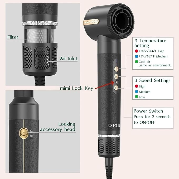 Aroura Premium 7-in-1 High-Speed Hair Dryer Brush: 1-Year Warranty, 110000 RPM Motor, Ionic Tech, 1400W Power, 3 Temps & 3 Speeds - Hot Air Brush, Curling Iron, Straightener Set