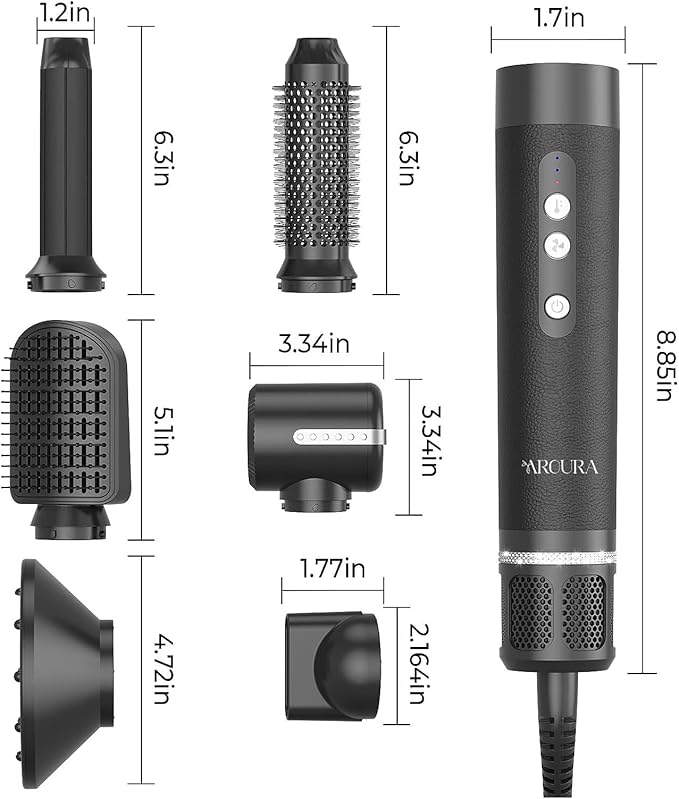Aroura Premium 7-in-1 High-Speed Hair Dryer Brush: 1-Year Warranty, 110000 RPM Motor, Ionic Tech, 1400W Power, 3 Temps & 3 Speeds - Hot Air Brush, Curling Iron, Straightener Set